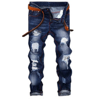 Men’s Retro Ripped Straight Jeans – Mid-Waist Cotton Denim 28–42