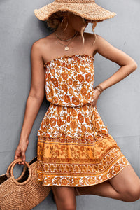 Vibrant Boho Floral Strapless Mini Dress – High Waist A-Line Beach Party Dress in Black & Orange