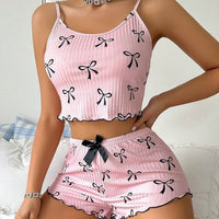 Elegant Bow-Print Ribbed Knit Lounge Set for Women – Soft & Feminine 2-Piece Set