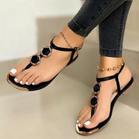 Women's Flat Beach Sandals – Metal Buckle Round Toe Summer Shoes in White, Black & Gold | Comfortable & Stylish
