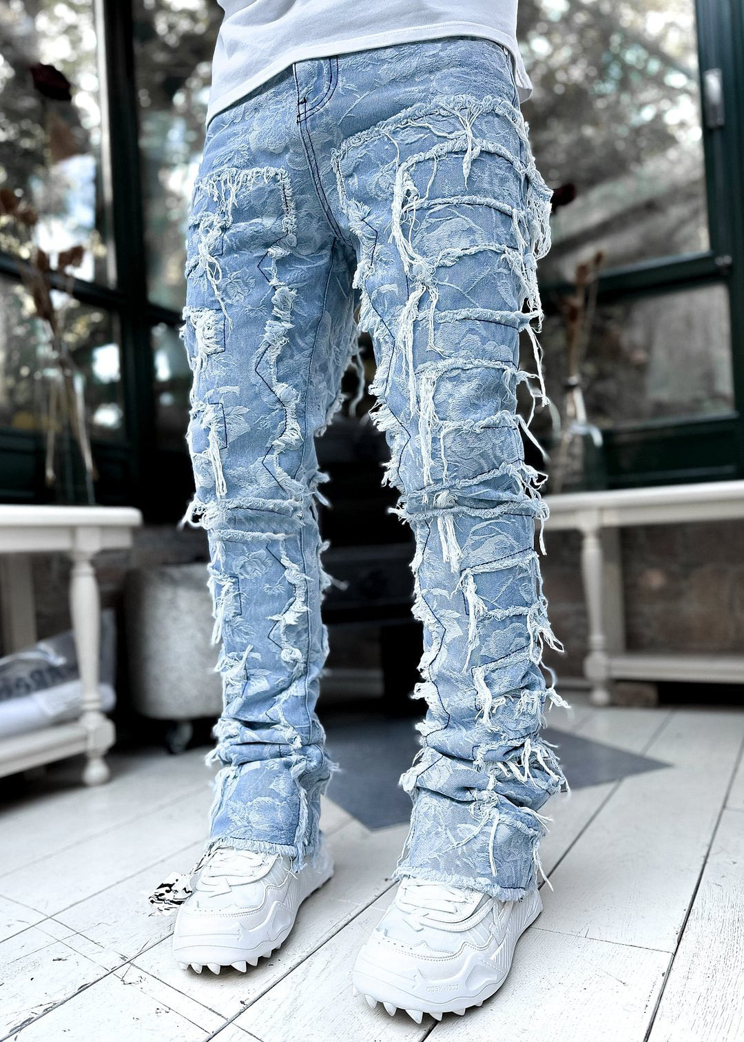Men’s Stacked Ripped Patch Jeans – INS Fringe Streetwear Slim Fit Trousers What Else You Got?