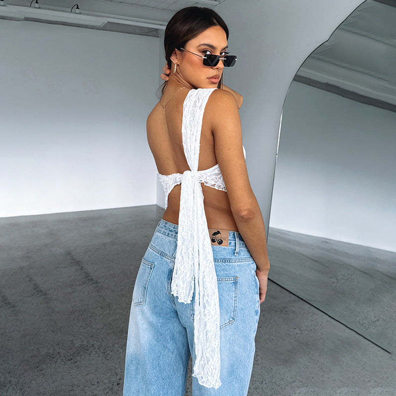 Ins Lace Backless Top Summer Solid Color Waistless Asymmetrical Sloped Neck Vest Streetwear Womens Clothes What Else You Got?