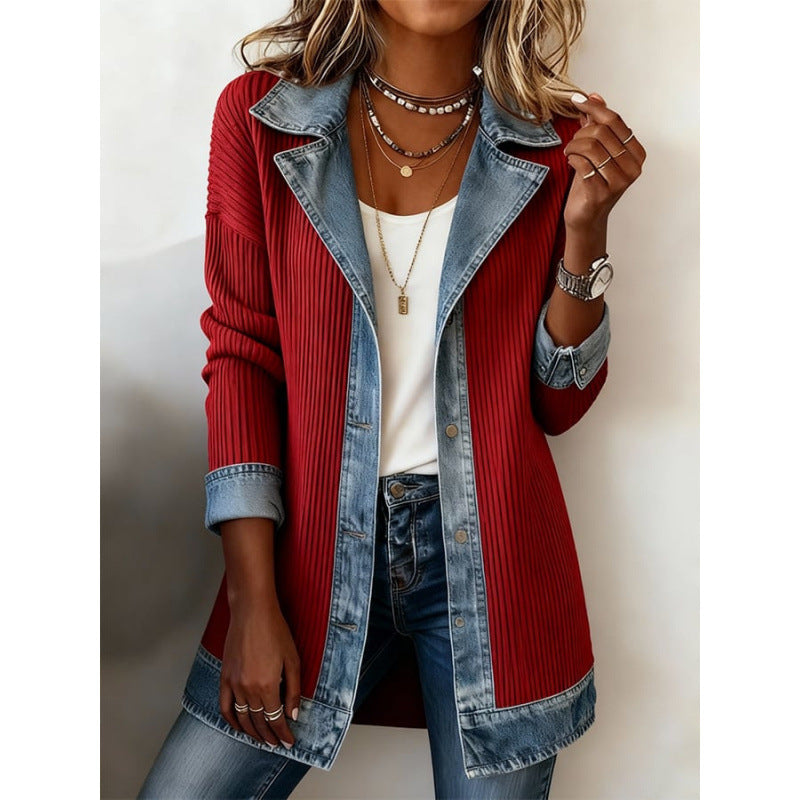 Denim Patchwork Jacket Fashion Commuter Lapel Button-down Long-sleeved Top For Women's Clothing What Else You Got?