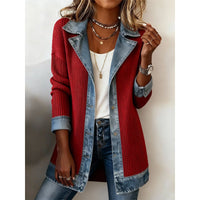 Chic Denim Patchwork Jacket - Trendy Commuter Lapel Button-Down Long-Sleeve Top for Women