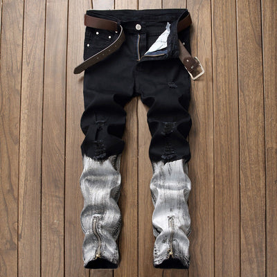 Men's Distressed Straight Jeans - Premium Cotton Comfort Fit - Black & White