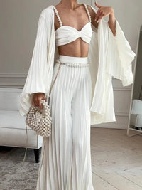 White Pleated Vest Cardigan Three-piece Wide-leg Pants Suit