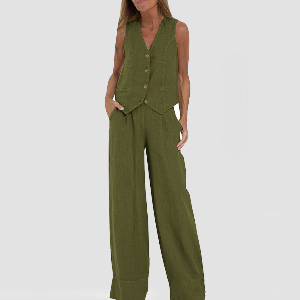 Summer Vest Suits V-neck Botton Sleeveless Top And Loose Straight Trousers Casual Womens Clothing What Else You Got?