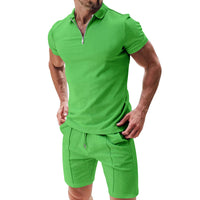 Men's Summer Casual Waffle Suit Set – Zipper Lapel Top & Drawstring Shorts (2-Piece Set)