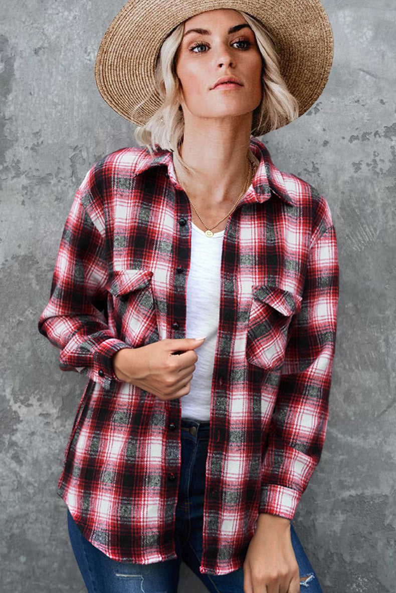 Women's Plaid Flannel Shirt | Loose Fit Spring Blouse | Turndown Collar Mid-Length Overshirt What Else You Got?