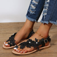 Lace Flower Ankle Strap Sandals – Boho Flat Beach Shoes for Women