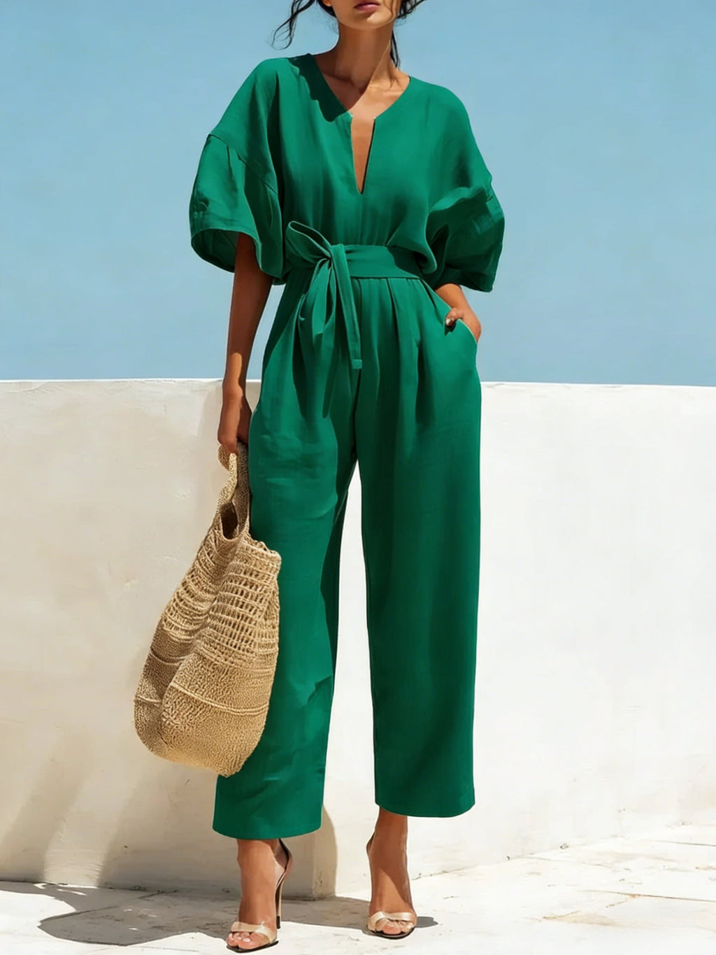 Fashionable V-Neck Solid Color Cotton-Linen Jumpsuit For Women What Else You Got?