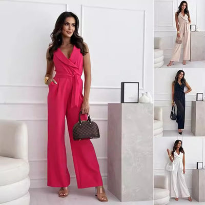 Women's V-Neck Belted Jumpsuit – Sleeveless Wide-Leg Trouser Jumpsuit