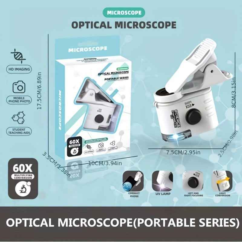60× Mobile Phone Clip-On Microscope with LED Light — Portable Pocket Science Lens for Kids & Adults