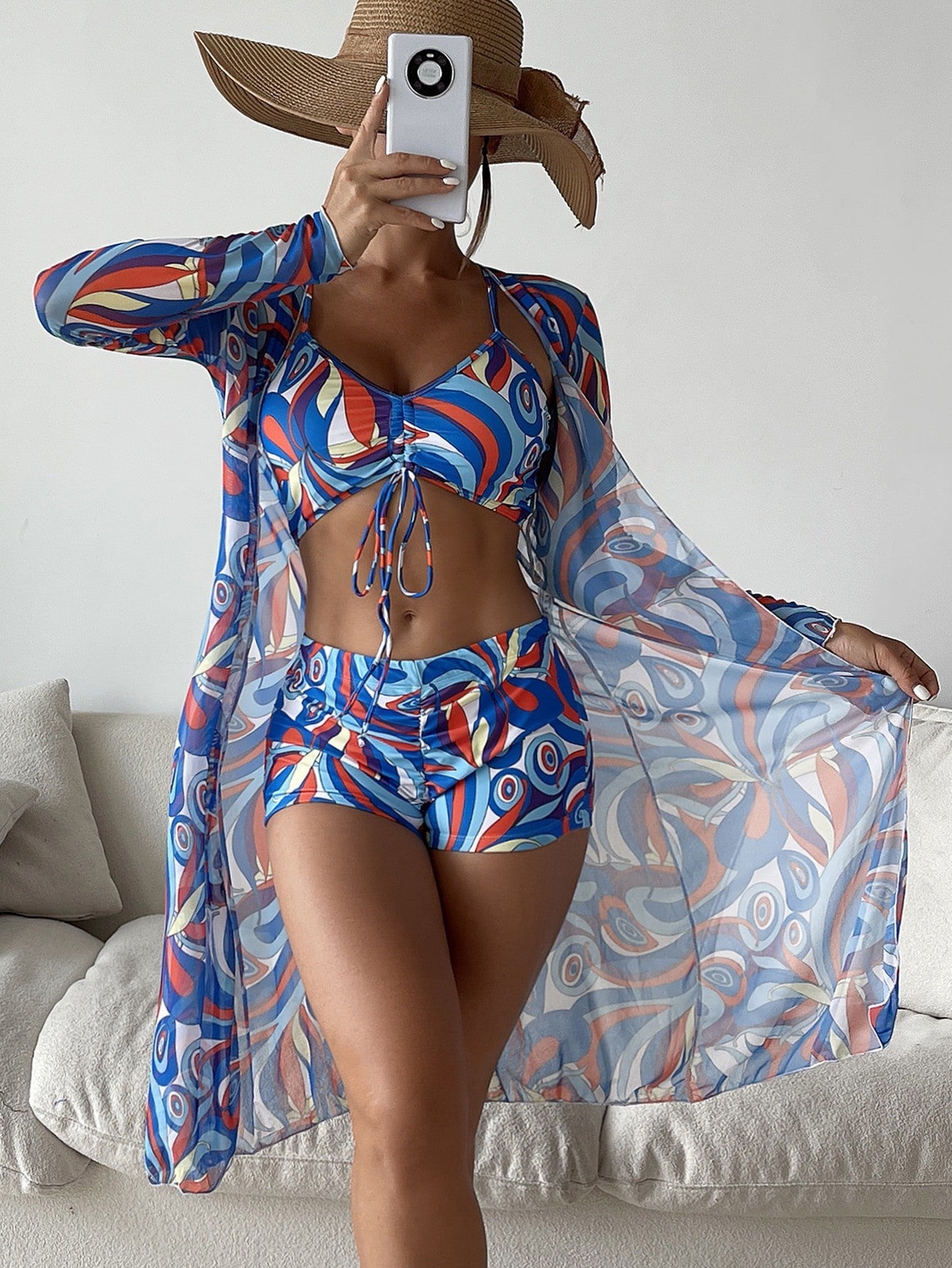 3pcs Pring Bikini With Long Sleeve Cardigan Fashion Summer Beach Swimsuit Women What Else You Got?