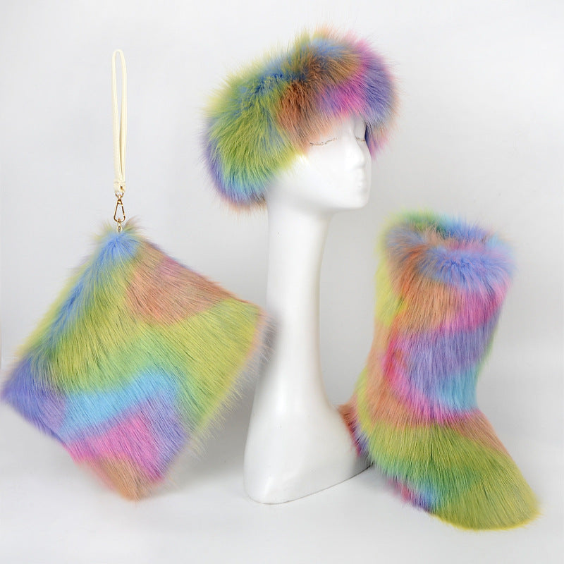 Velvet Padded Plus Size Imitation Fox Fur Fur Women's Snow Boots Three-piece Set What Else You Got?