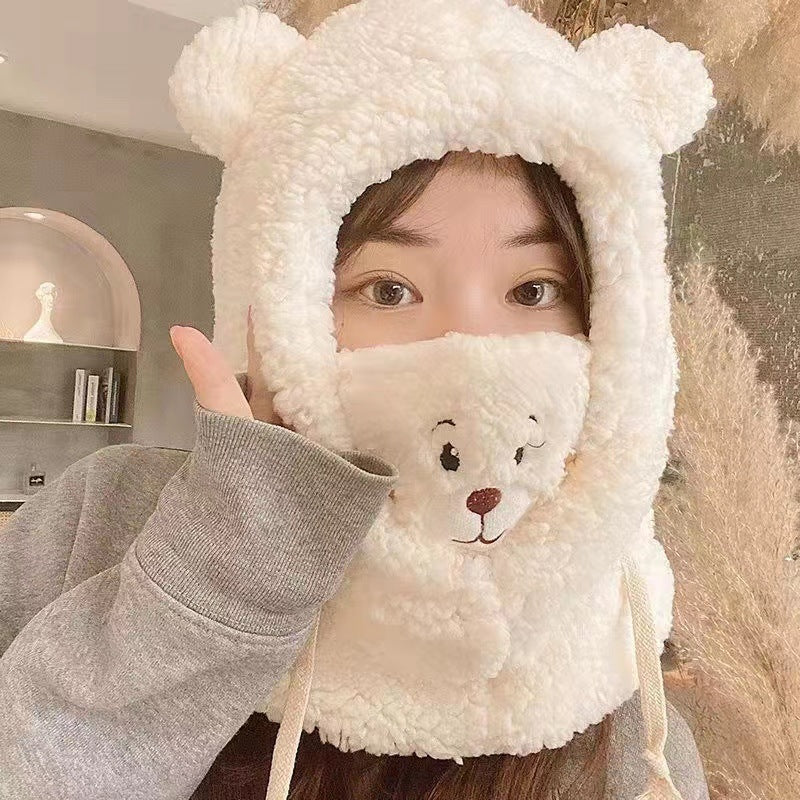 Cute Bear Plush Winter Hat with Thickened Scarf, Mask & Drawstring Design What Else You Got?