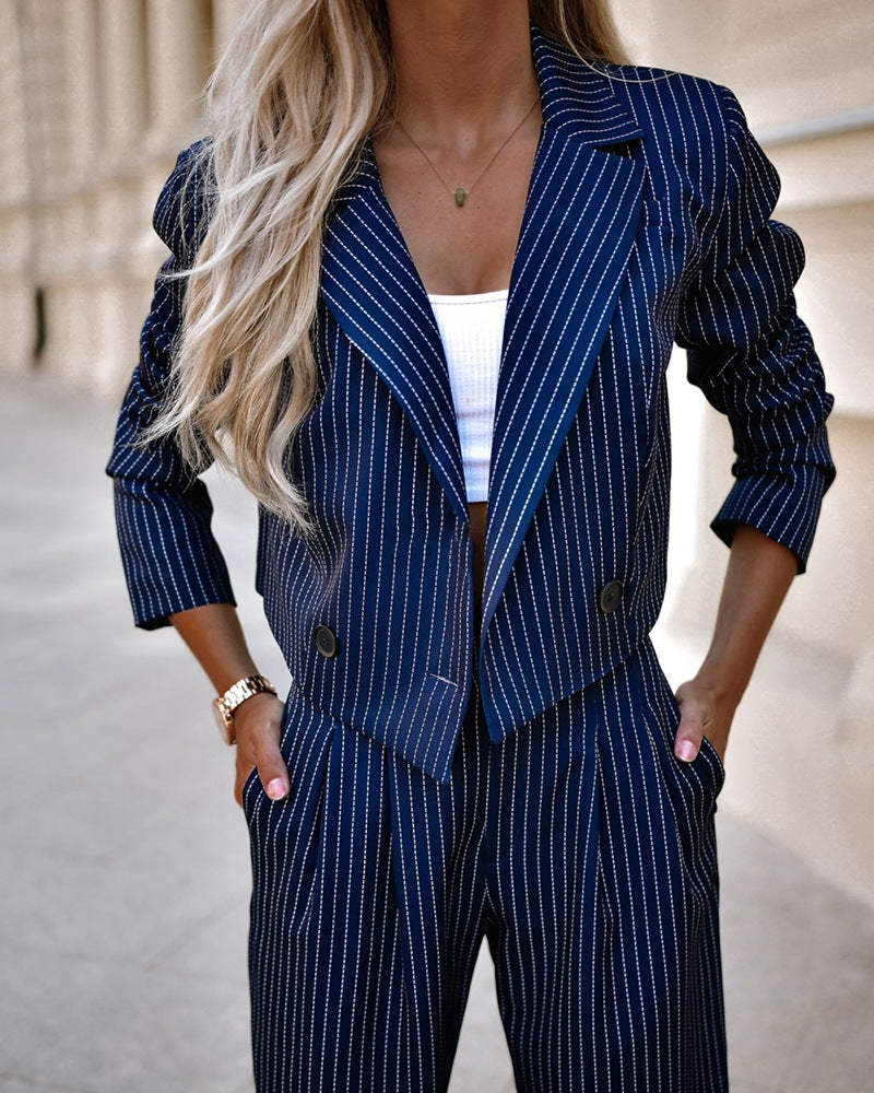 Women's Spring Fashion Striped Suits Casual Lapel Long Sleeve Cropped Top And Straight Pants Outfits Women's Clothing What Else You Got?