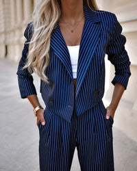 Chic Striped Christian Suit Set - Modest Lapel Top & Straight Pants for Spring & Summer - Elegant Faith-Inspired Fashion