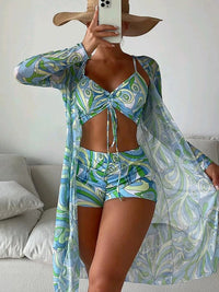 Elegant 3-Piece Floral Swimsuit with Long Sleeve Cardigan - Summer Beach Outfit for Women