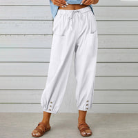 Elegant Christian Women's Drawstring Pants - Comfortable Cotton & Linen Trousers with Pockets & Buttons