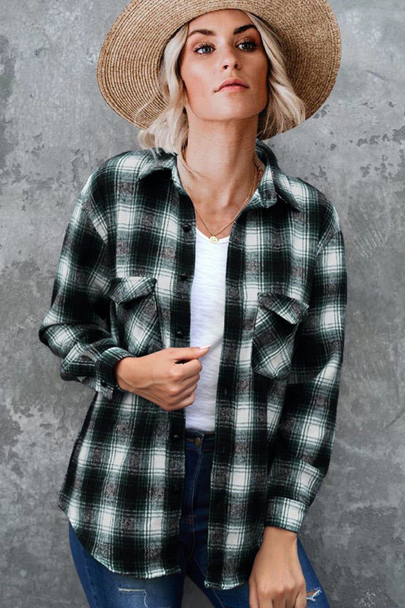Women's Plaid Flannel Shirt | Loose Fit Spring Blouse | Turndown Collar Mid-Length Overshirt What Else You Got?