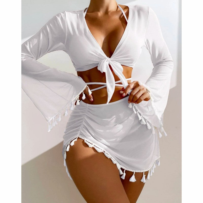 4pcs Solid Color Bikini With Short Skirt And Long Sleeve Cover-up Fashion Bow Tie Fringed Swimsuit Set Summer Beach Womens Clothing What Else You Got?