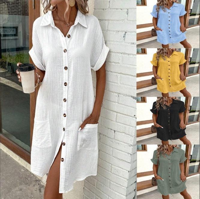 Summer Short Sleeve Shirt Dress Fashion Solid Color Single-breasted Mid-length Loose Dress What Else You Got?