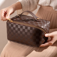 Plaid PU Cosmetic Bag – Large Travel Makeup & Toiletry Organizer with Double Zippers