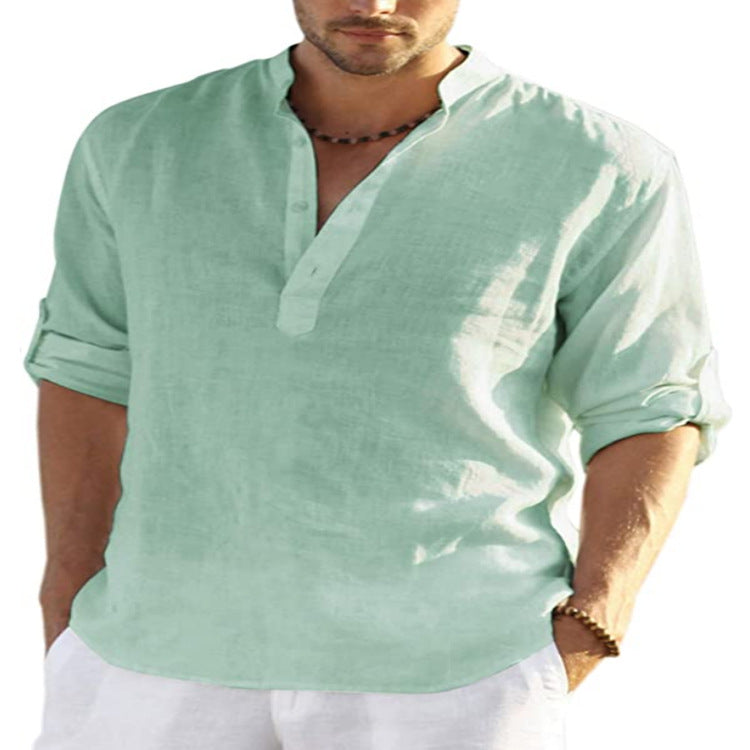 Men's Casual Cotton Linen Solid Color Long Sleeve Shirt Loose Stand Collar What Else You Got?