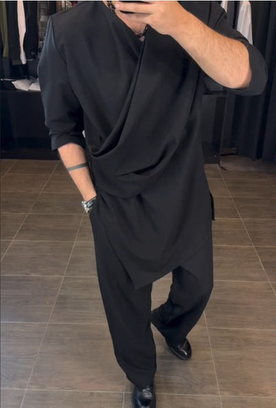 Men’s Draped Top & High-Waist Pants Set – Black Two-Piece Casual Outfit