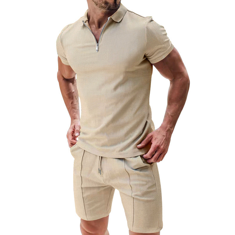 2Pcs Casual Waffle Suit Summer Zipper Lapel Short-sleeved Top And Drawstring Pockets Shorts Versatile Solid Color T-shirt Set For Mens Clothing What Else You Got?