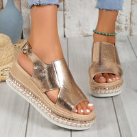 Glamorous Fish Mouth Wedge Sandals – Shiny Hollow Design in Gold & Silver