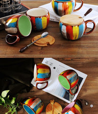 Elegant Couple Ceramic Cup Set with Lid & Spoon - Handmade Breakfast & Coffee Mugs