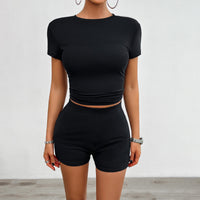 Elegant Christian Activewear: 2-Piece Slim Sports Suit with Round Neck Tee & Elastic Shorts for Summer Workouts