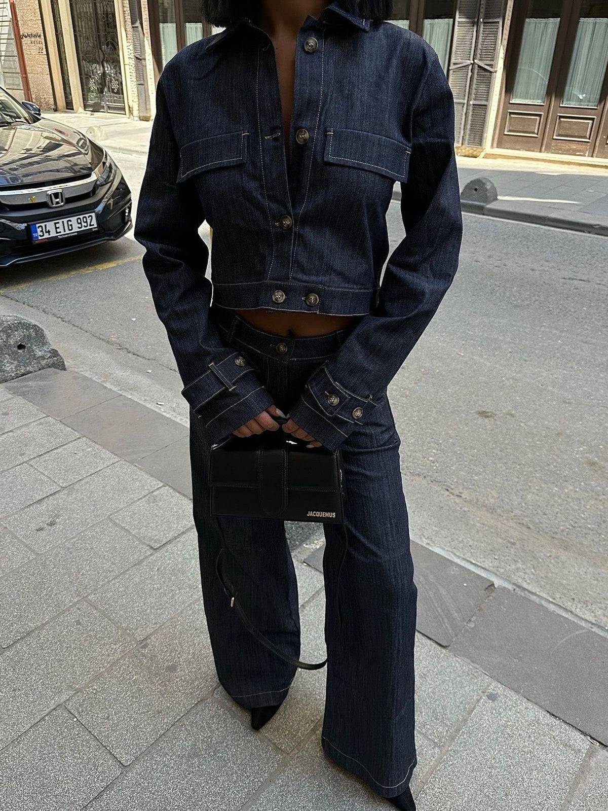 Women's Short Denim Jacket & High-Waisted Pants Suit
