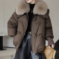 Women's Short Fur Collar Puffer Jacket - Warm Winter Coat with Faux Fur Trim