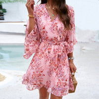 Elegant Floral Lace-Up Ruffle Dress – Summer Garden Party Outfit for Women