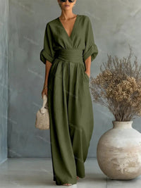 Elegant Waist-Cinching V-Neck Jumpsuit for Women - Modest & Stylish | Christian Fashion