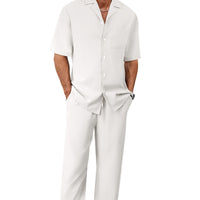 Men's Two-Piece Suit Set – Short Sleeve Shirt & Straight Pants – Complete Matching Outfit – 10 Colors