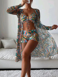 Elegant 3-Piece Floral Swimsuit with Long Sleeve Cardigan - Summer Beach Outfit for Women