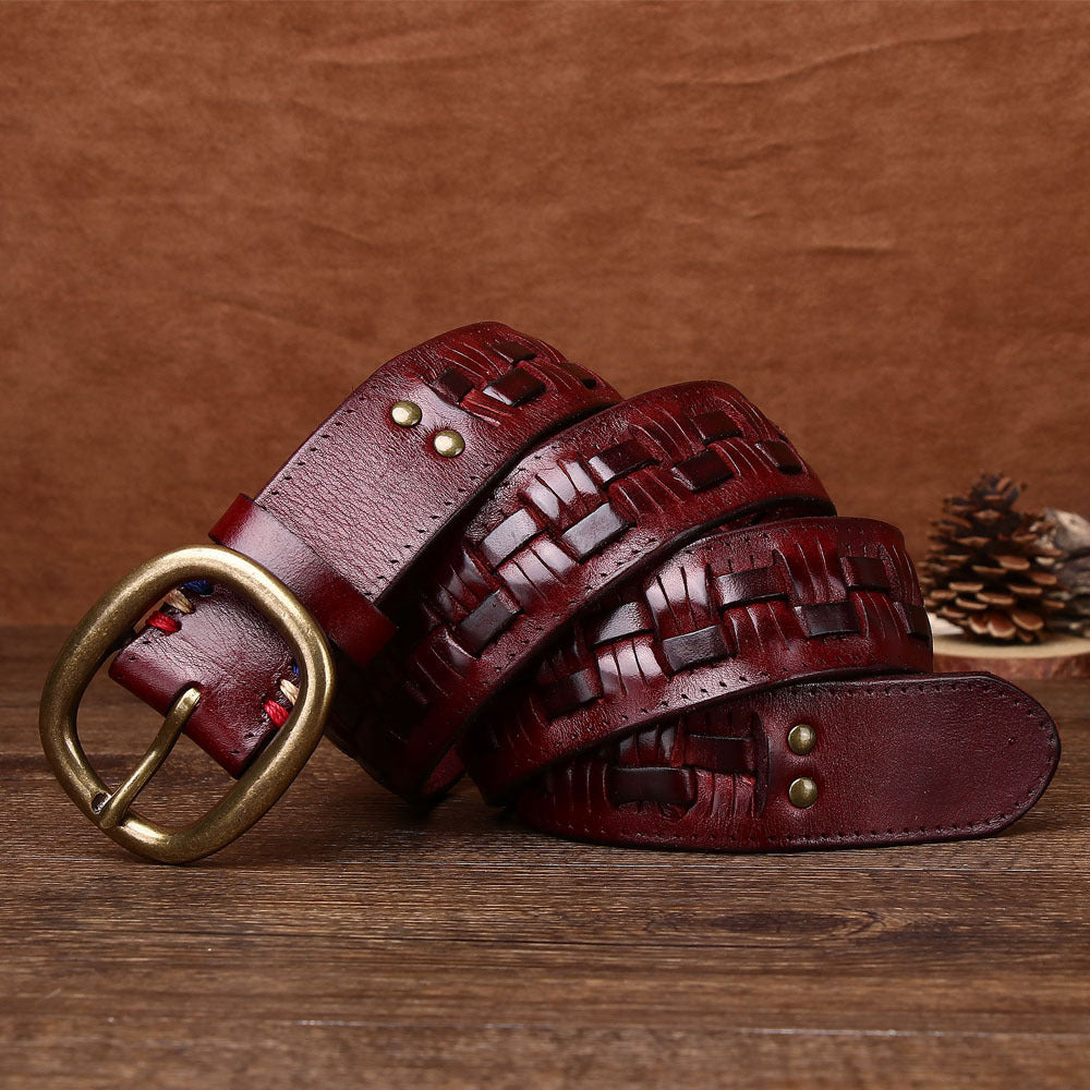 Men's Hand-woven First Layer Cow Leather Belt Personalized Punch-free Brass Buckle What Else You Got?