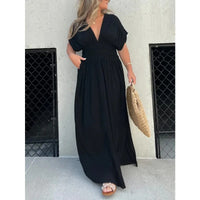 Elegant Bat-Sleeve Maxi Dress – V-Neck Slit with Elastic Waist for Summer | Summer Elegance