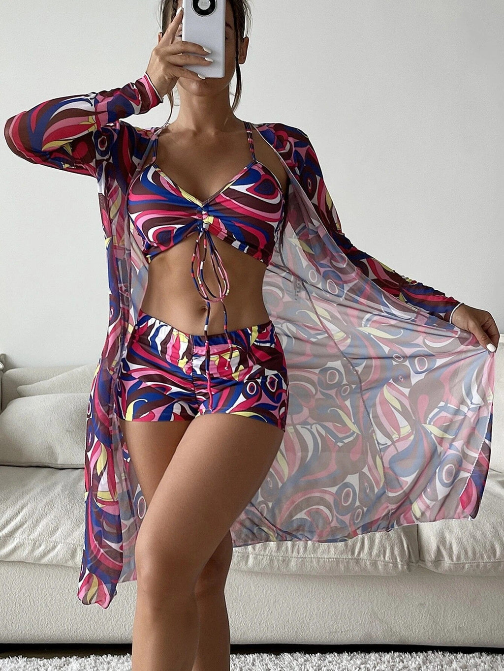 3pcs Pring Bikini With Long Sleeve Cardigan Fashion Summer Beach Swimsuit Women What Else You Got?