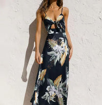 Graceful Flower Print Split Suspender Dress - Elegant Sleeveless Summer Beach Wear with Hollow Bowknot Design