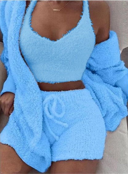 Women’s Velvet 3‑Piece Lounge Set – Sleeveless Vest, Drawstring Culotte Shorts & Long Sleeve Top (S–3XL) What Else You Got?