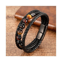 Men's Magnetic Tigereye Bead Bracelet - Stainless Steel & Leather Wellness Jewelry