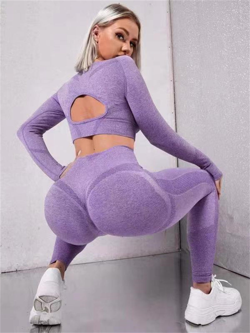 2pcs Sports Suits Long Sleeve Hollow Design Tops And Butt Lifting High Waist Seamless Fitness Leggings Sports Gym Sportswear Outfits Clothing What Else You Got?