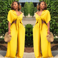 Women's Relaxed-Fit Deep-V Top & Wide-Leg Pants Set – Two-Piece Comfort Outfit