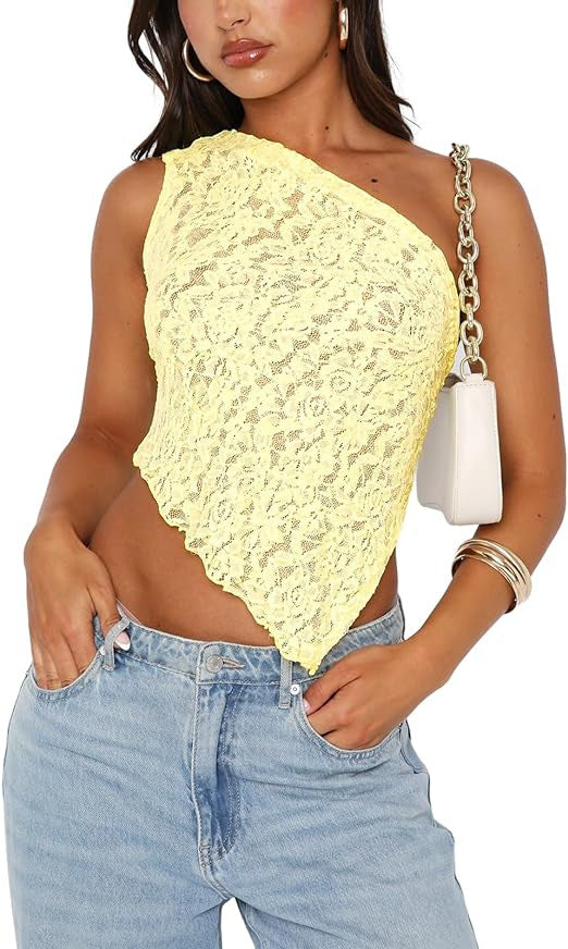 Ins Lace Backless Top Summer Solid Color Waistless Asymmetrical Sloped Neck Vest Streetwear Womens Clothes What Else You Got?