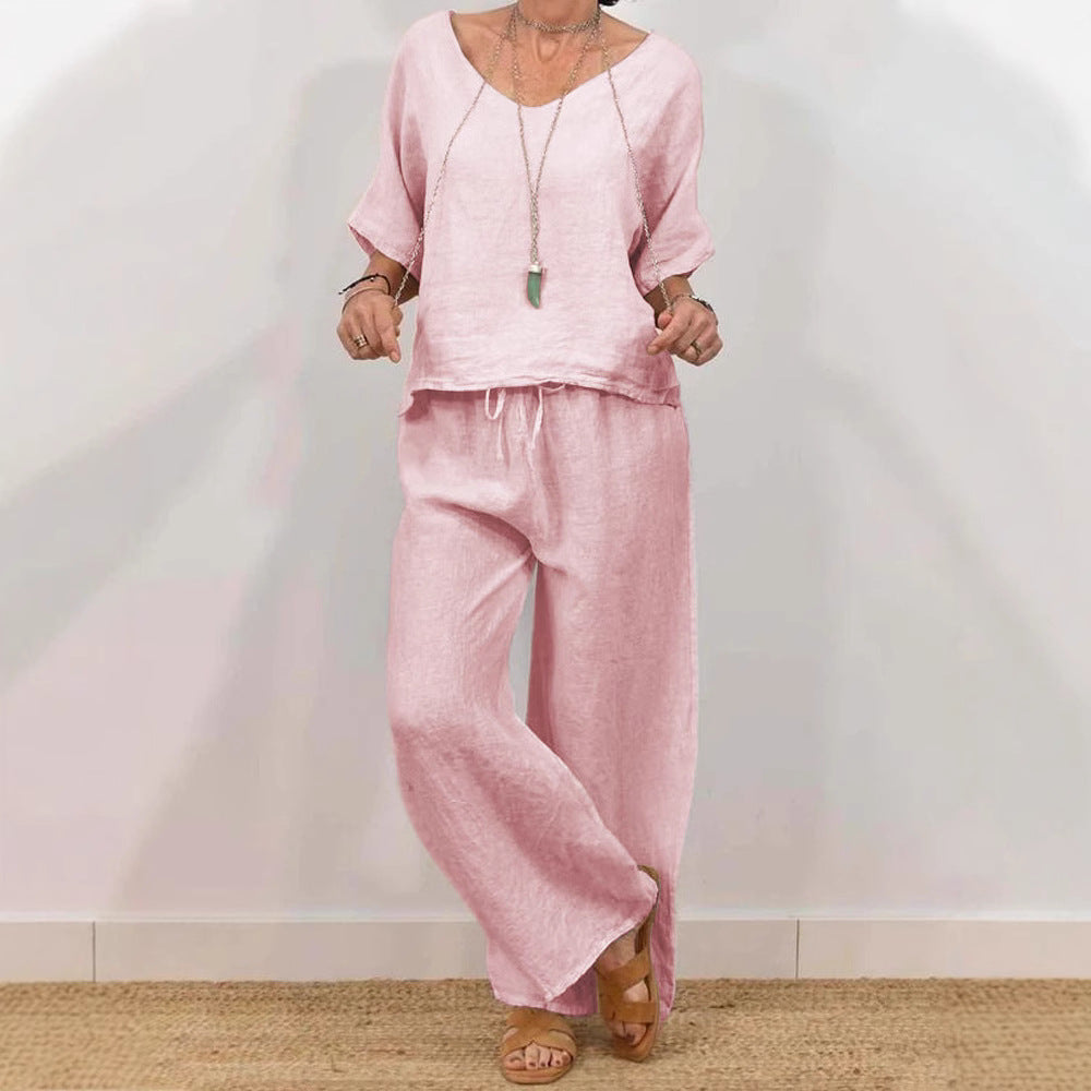 Womens Multi-Color Two-Piece Set Casual V-Neck Pullover With Three-Quarter Sleeves And Extended Pants What Else You Got?